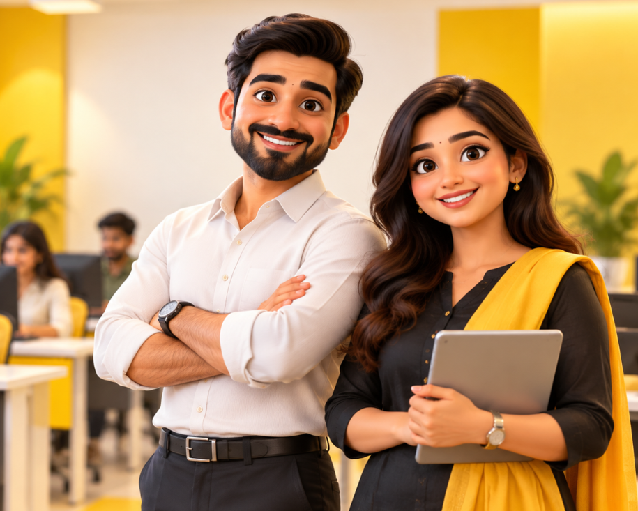 Happy computer institute owners, a man and a woman, in a modern computer training centre